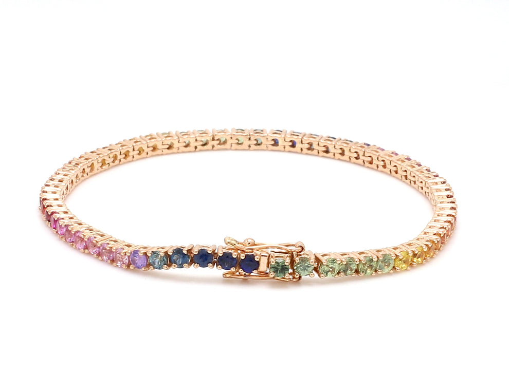 Natural Rainbow Sapphire 14K Solid Rose Gold Tennis Bracelet Round Cut Gemstones 2.5 MM Size
