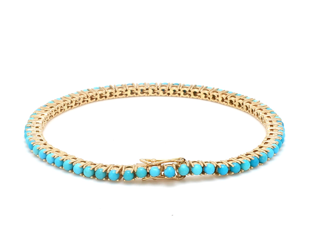 Natural Turquoise 14K Solid Yellow Gold Tennis Bracelet Round Gemstones 2.5 MM Size
