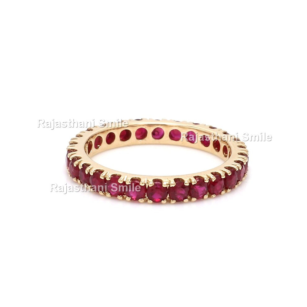 Natural Ruby 14K Solid Rose Gold Eternity Band Ring Round Cut Gemstones 2.5 MM Size