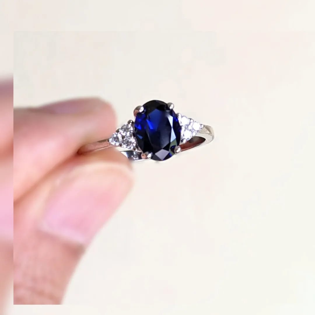 Natural Blue Sapphire & Diamonds 14K Solid White Gold Engagement Ring