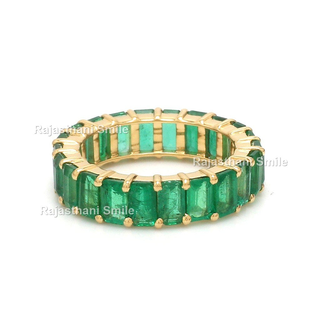 Natural Emerald 14K Solid Yellow Gold Eternity Band Ring Emerald Cut Gemstones 5 x 3 MM Size