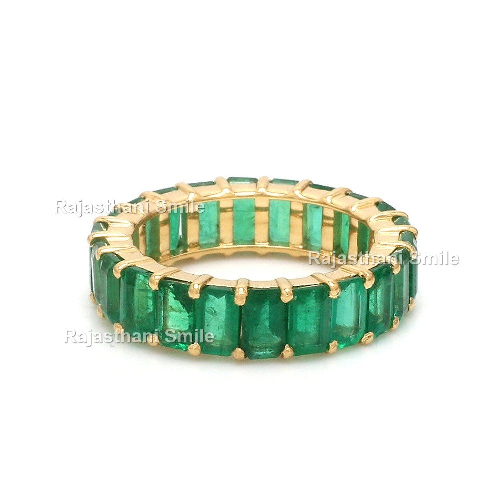Natural Emerald 14K Solid Yellow Gold Eternity Band Ring Emerald Cut Gemstones 5 x 3 MM Size