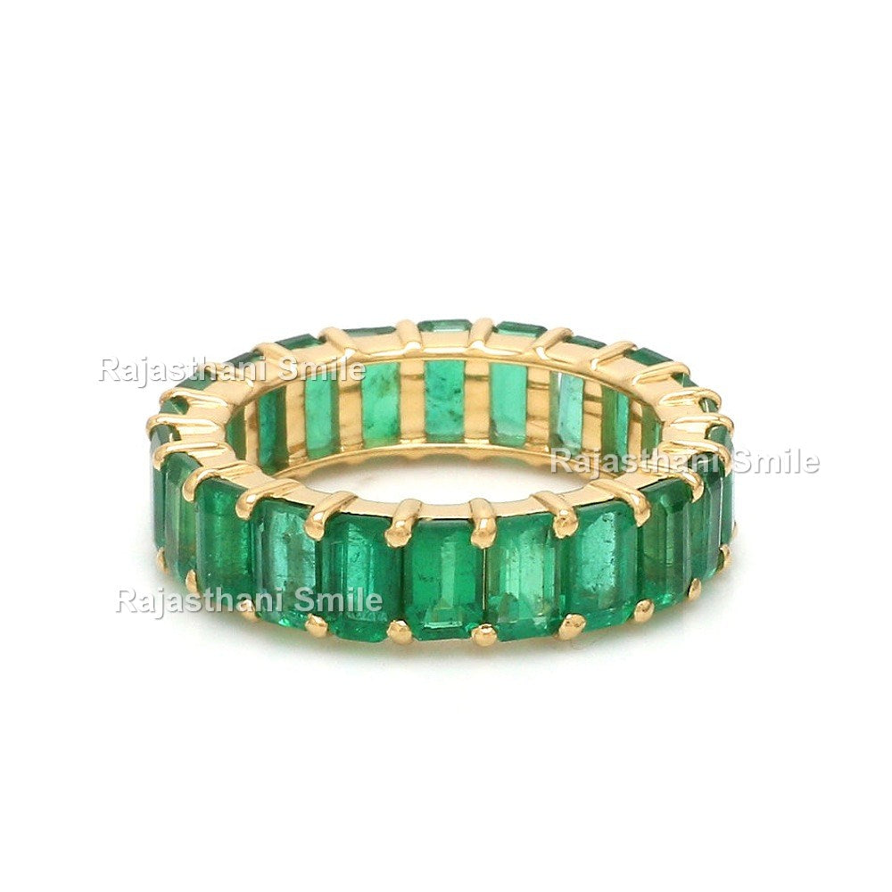 Natural Emerald 14K Solid Yellow Gold Eternity Band Ring Emerald Cut Gemstones 5 x 3 MM Size