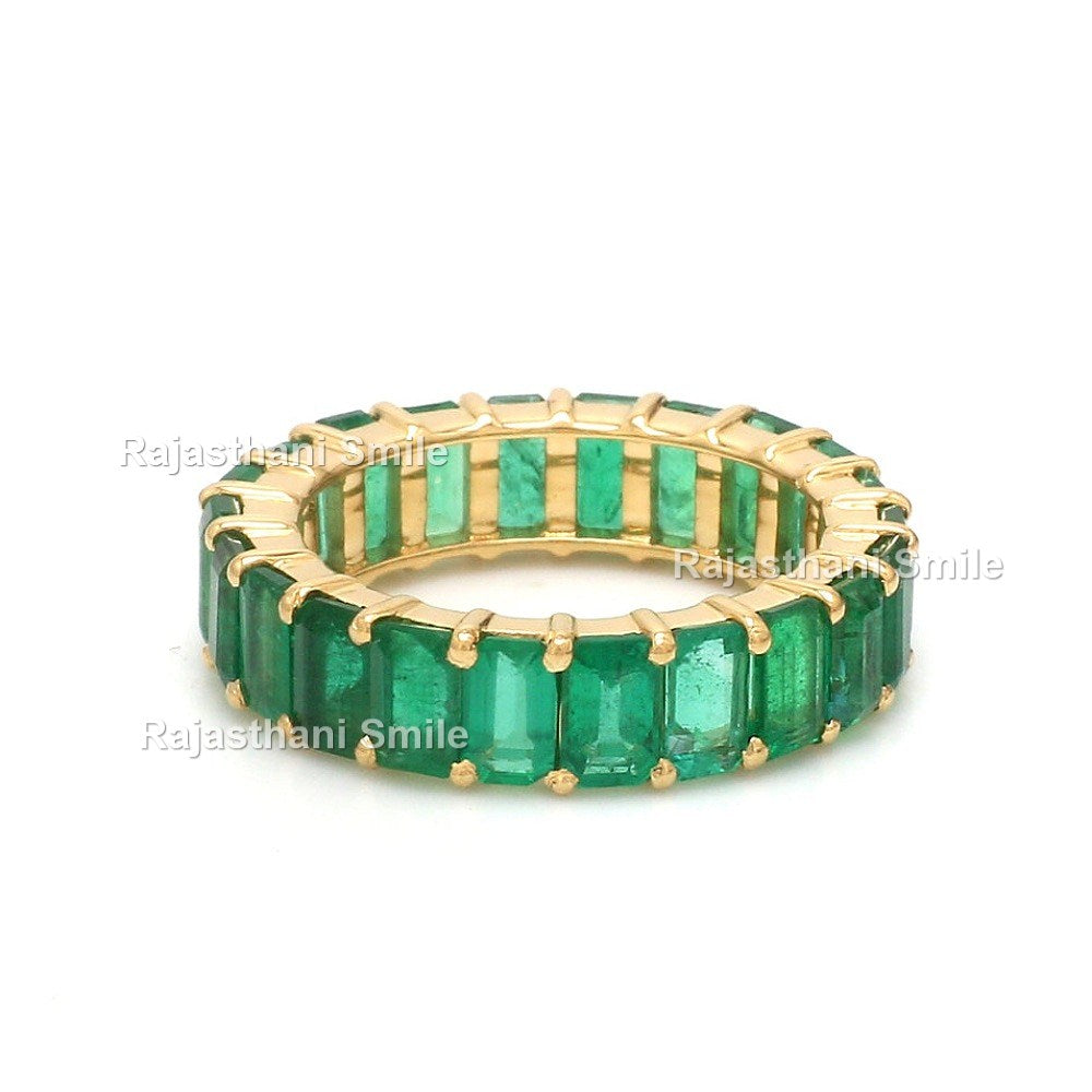 Natural Emerald 14K Solid Yellow Gold Eternity Band Ring Emerald Cut Gemstones 5 x 3 MM Size