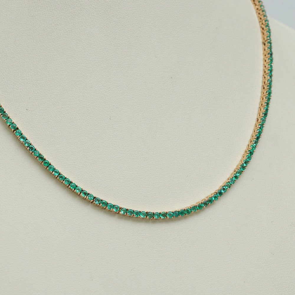 Natural Emerald 14K Solid Yellow Gold Tennis Necklace Round Cut Gemstones 2.5 MM Size
