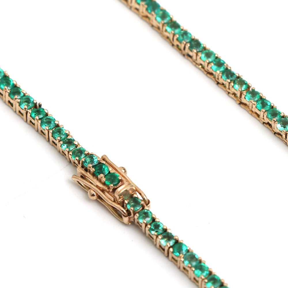 Natural Emerald 14K Solid Yellow Gold Tennis Necklace Round Cut Gemstones 2.5 MM Size
