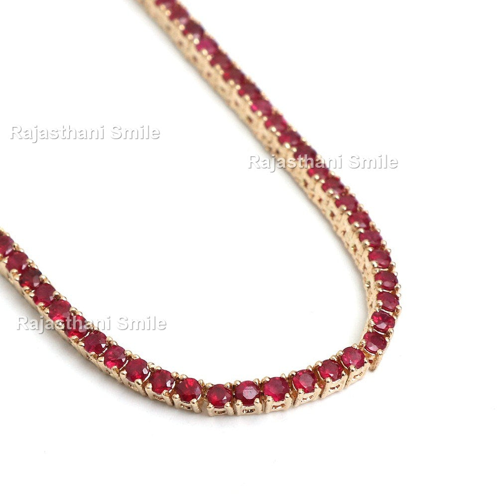 Natural Ruby 14K Solid Rose Gold Tennis Necklace Round Cut Gemstones 2.5 MM Size