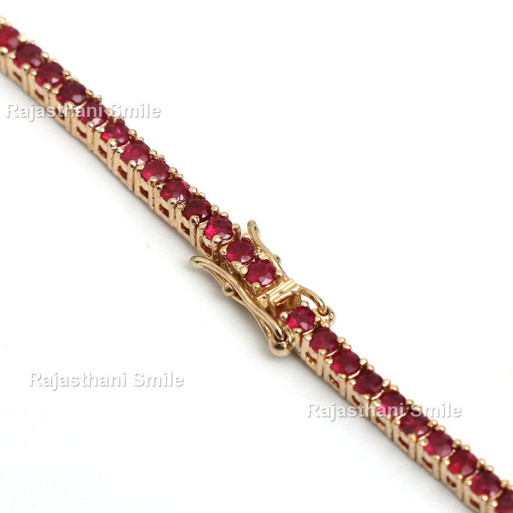 Natural Ruby 14K Solid Rose Gold Tennis Necklace Round Cut Gemstones 2.5 MM Size