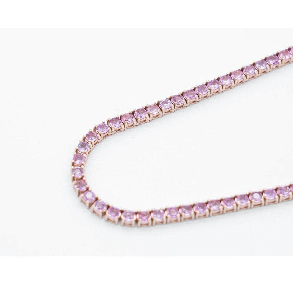 Natural Pink Sapphire 14K Solid Rose Gold Tennis Necklace Round Cut Gemstones 2.5 MM Size