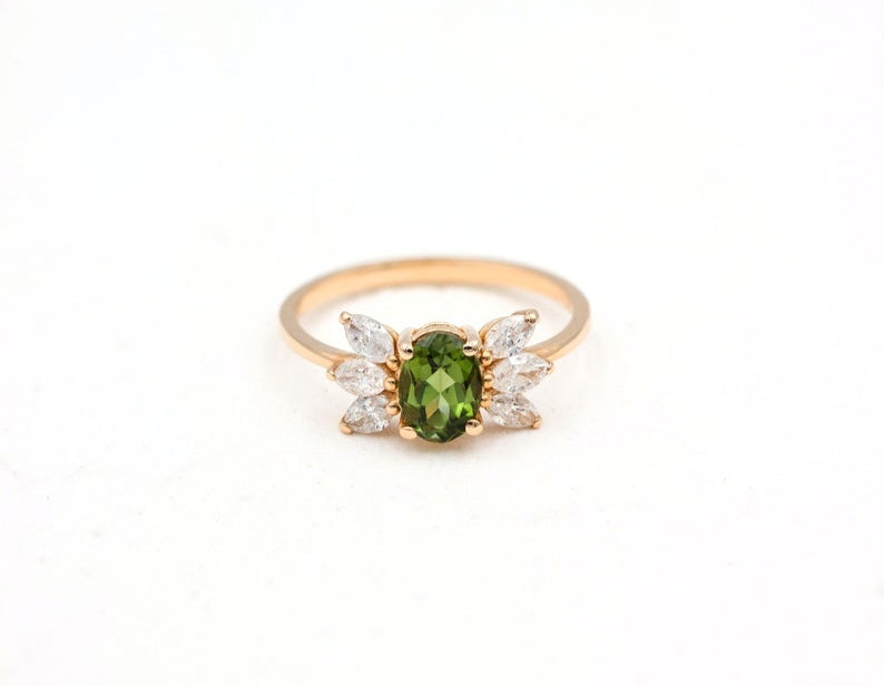 Natural Green Tourmaline & Diamonds 14K Solid Rose Gold Engagement Ring