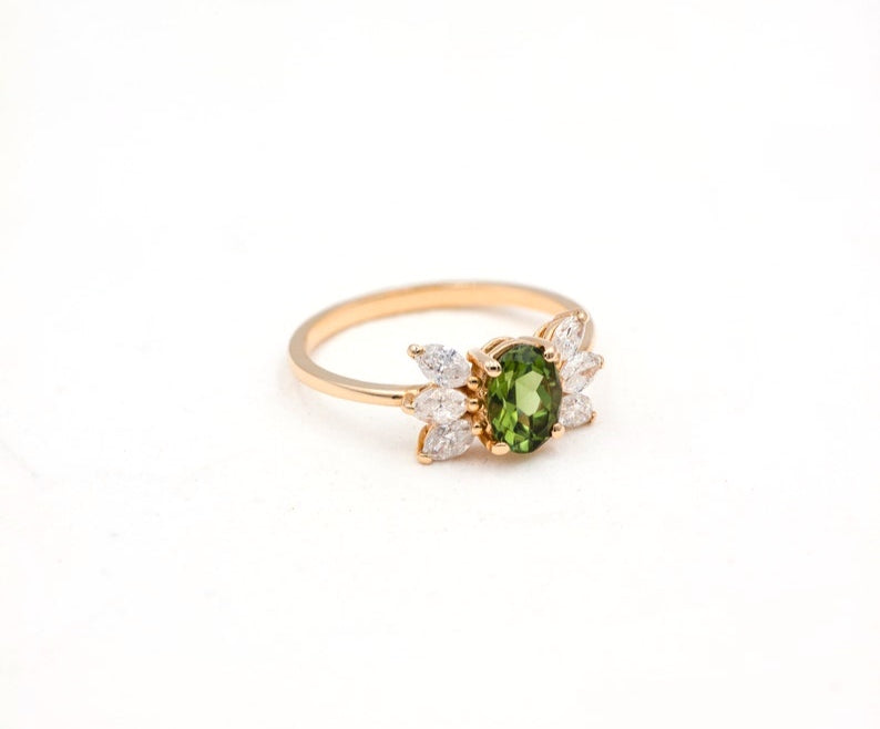 Natural Green Tourmaline & Diamonds 14K Solid Rose Gold Engagement Ring