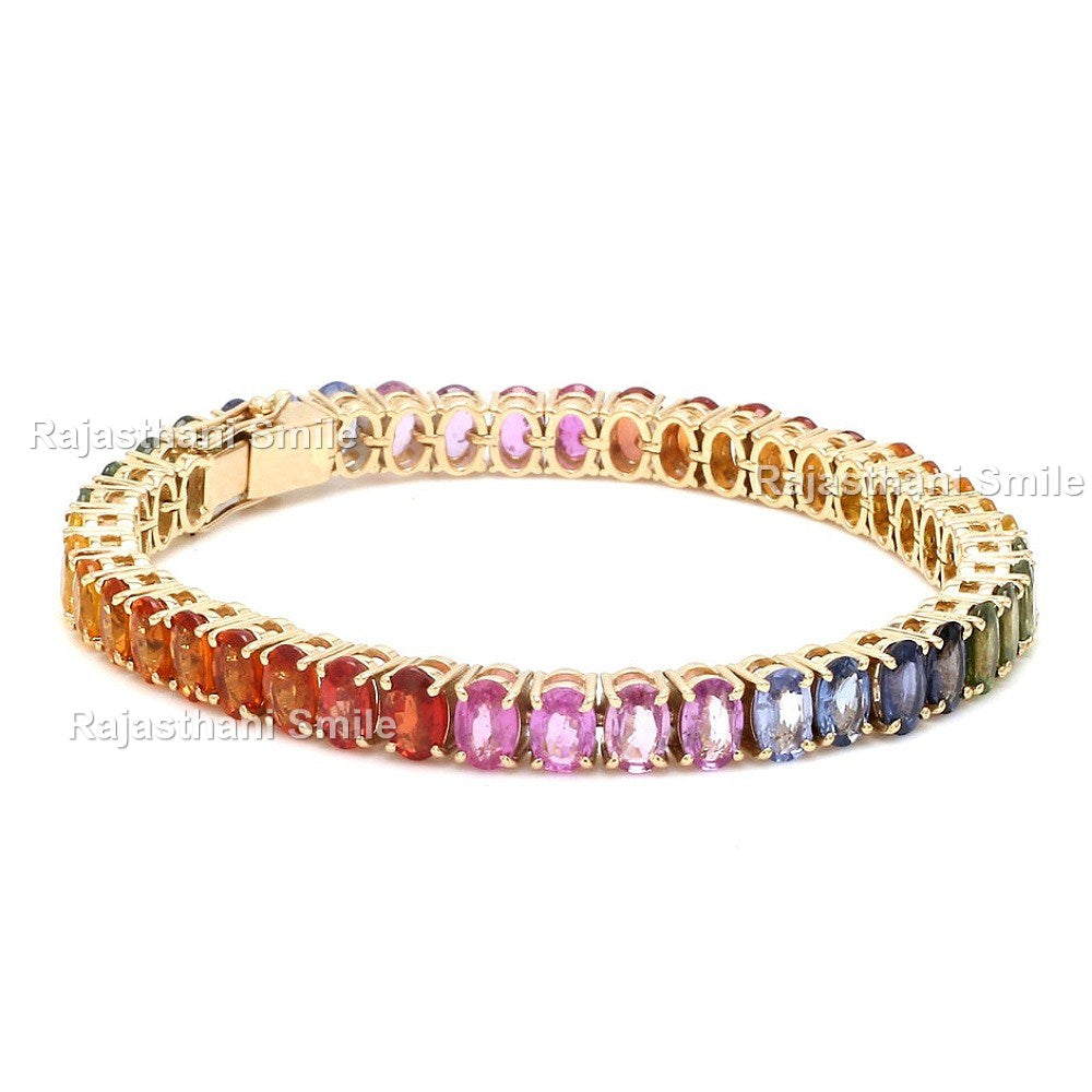 Natural Rainbow Sapphire 14K Solid Rose Gold Tennis Bracelet Oval Cut Gemstones 6 x 4 mm
