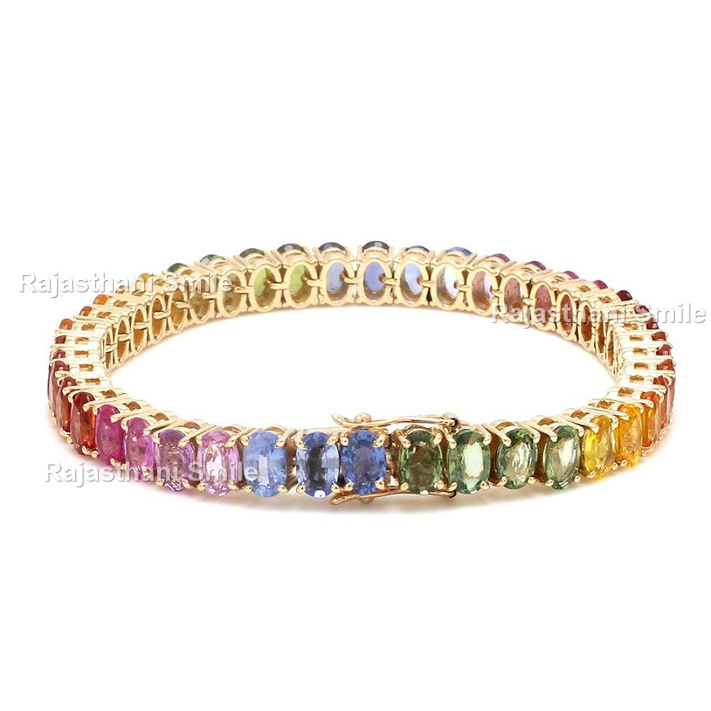 Natural Rainbow Sapphire 14K Solid Rose Gold Tennis Bracelet Oval Cut Gemstones 6 x 4 mm