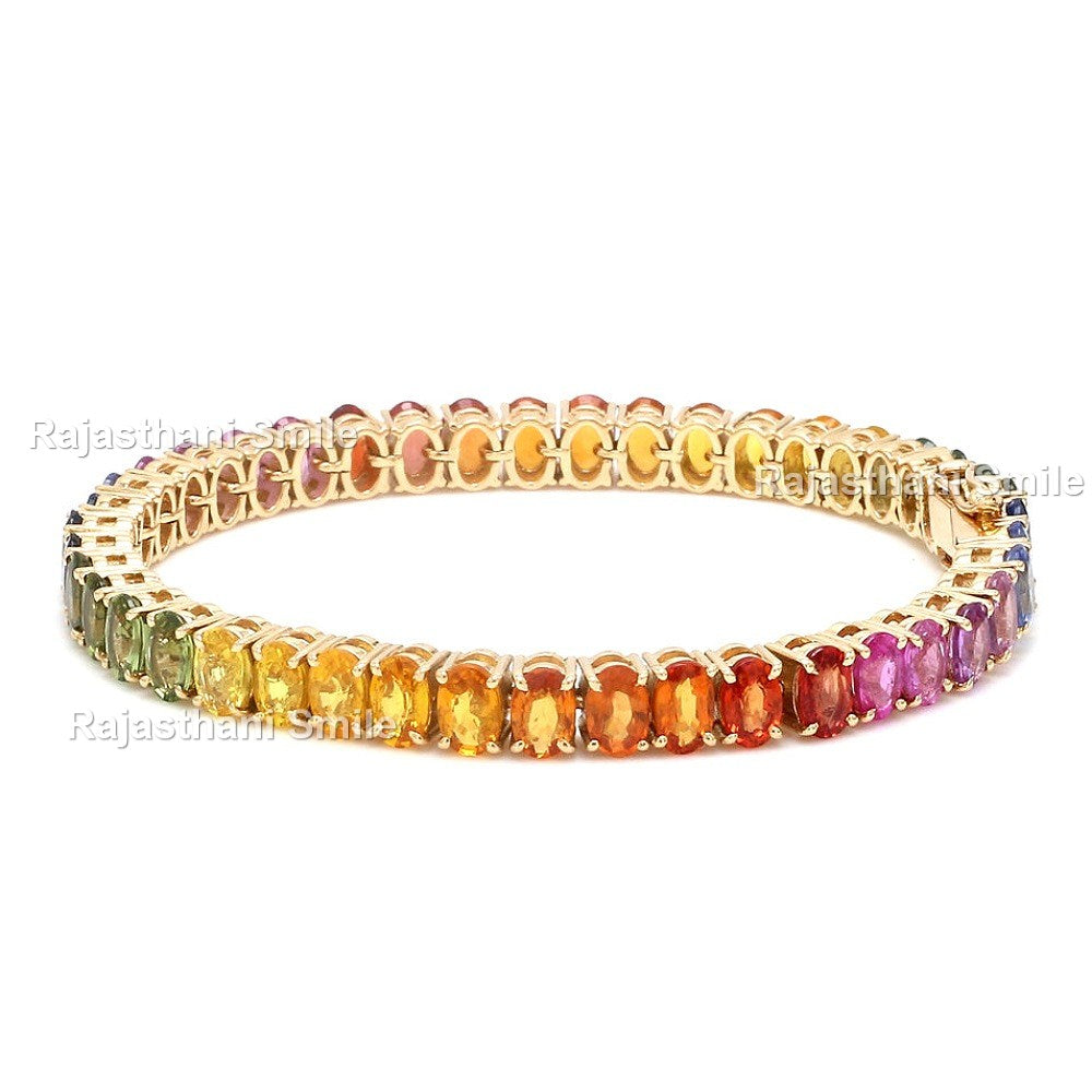 Natural Rainbow Sapphire 14K Solid Rose Gold Tennis Bracelet Oval Cut Gemstones 6 x 4 mm