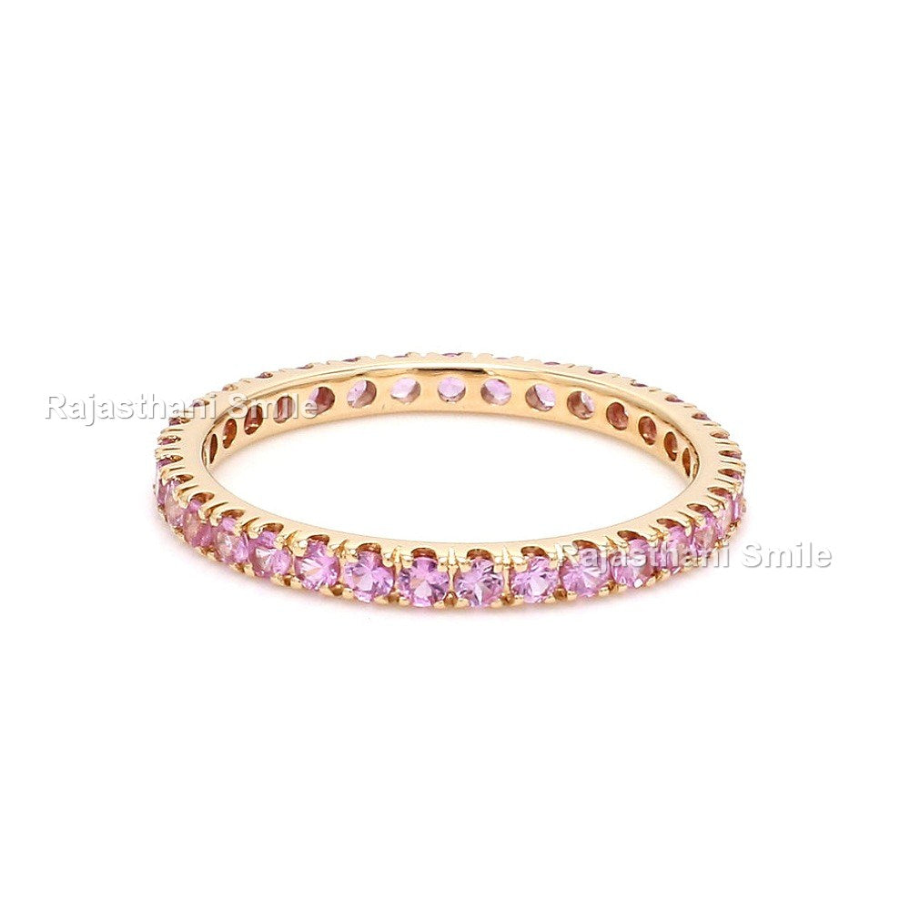 Natural Pink Sapphire 14K Solid Rose Gold Eternity Band Ring Round Cut Gemstones 2.5 MM Size