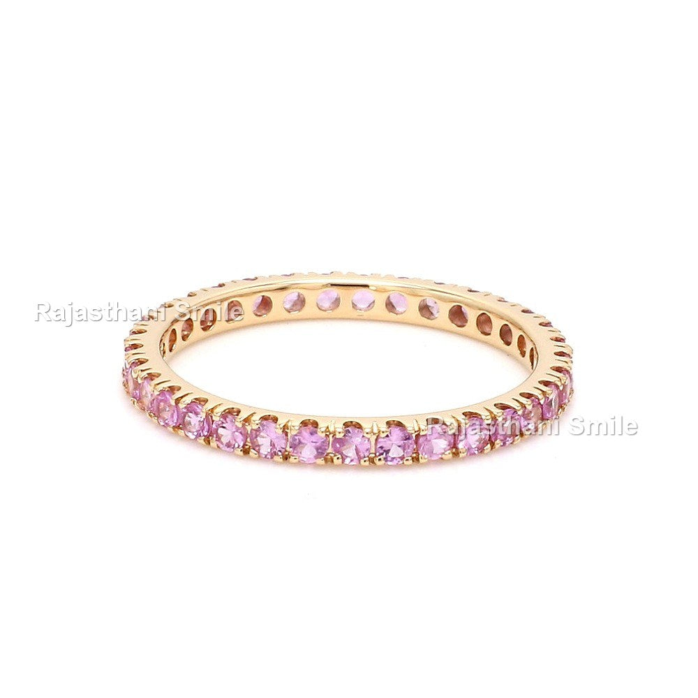 Natural Pink Sapphire 14K Solid Rose Gold Eternity Band Ring Round Cut Gemstones 2.5 MM Size