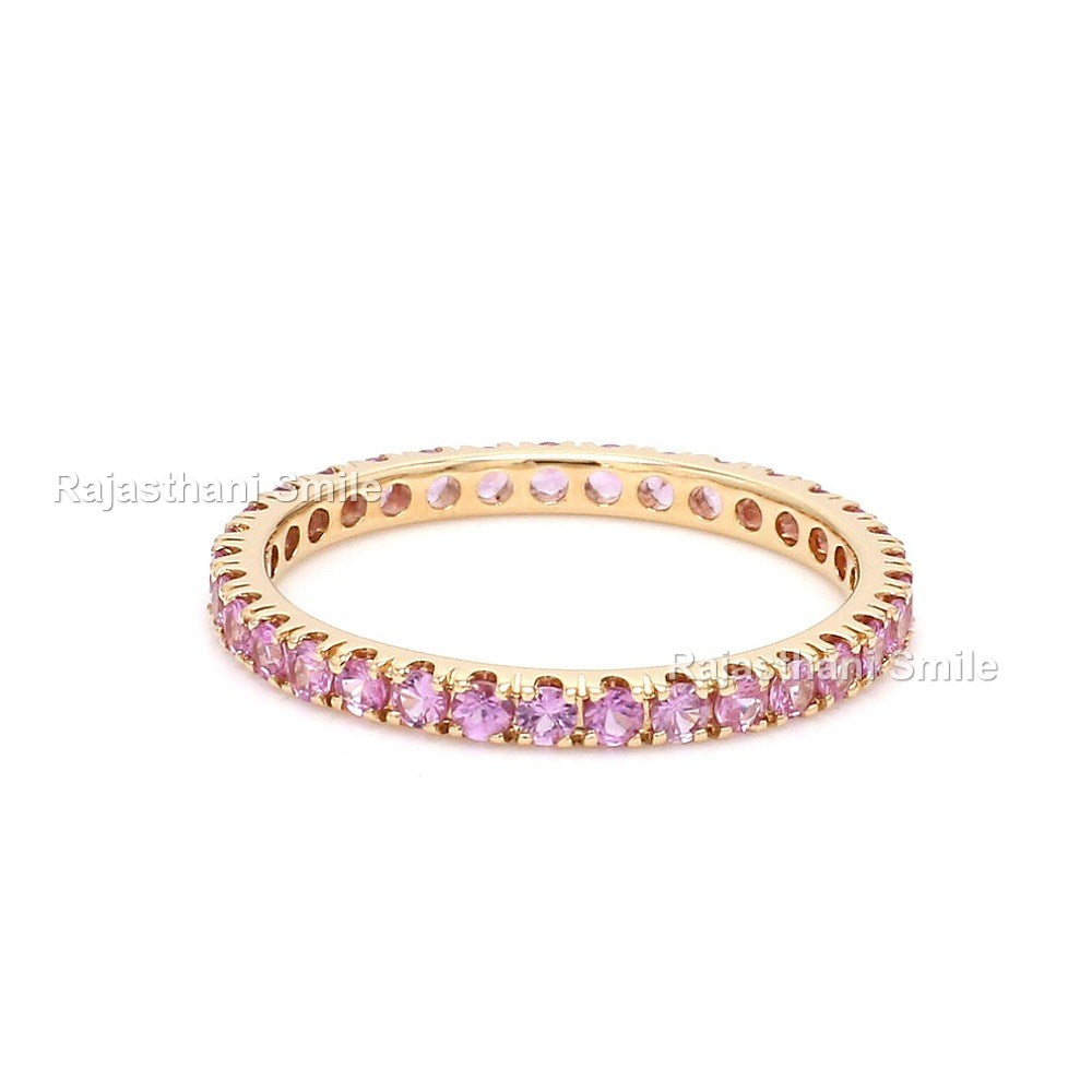 Natural Pink Sapphire 14K Solid Rose Gold Eternity Band Ring Round Cut Gemstones 2.5 MM Size