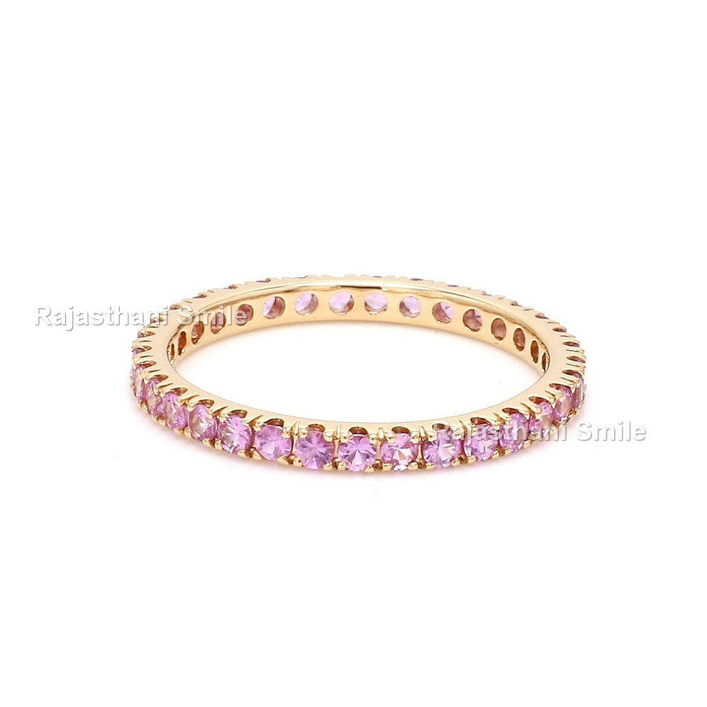 Natural Pink Sapphire 14K Solid Rose Gold Eternity Band Ring Round Cut Gemstones 2.5 MM Size