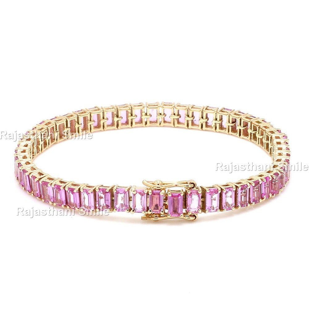 Natural Pink Sapphire 14K Solid Yellow Gold Tennis Bracelet Emerald Cut Gemstones 5 x 3 mm Size