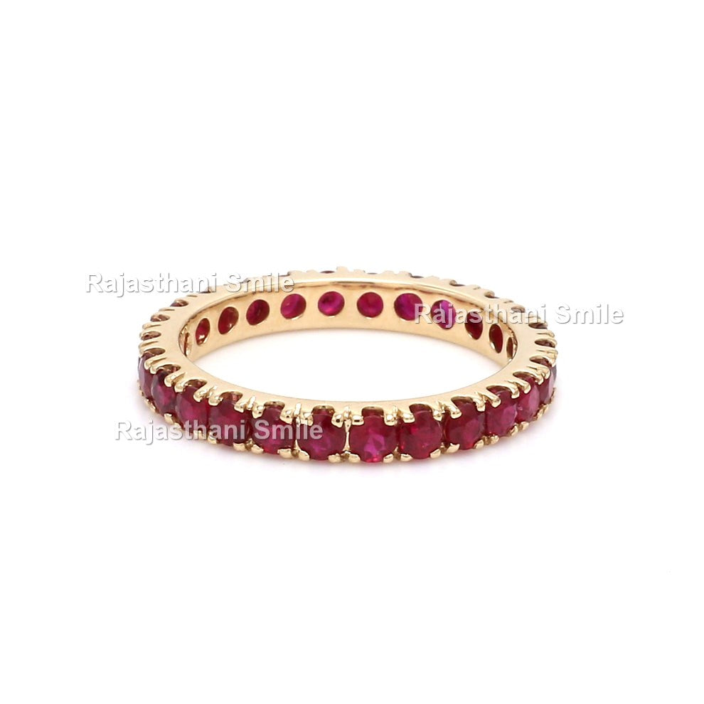 Natural Ruby 14K Solid Rose Gold Eternity Band Ring Round Cut Gemstones 2.5 MM Size