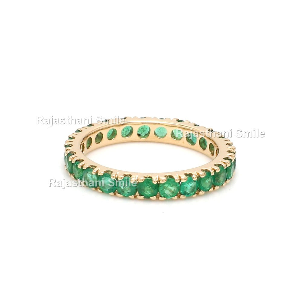 Natural Emerald 14K Solid Yellow Gold Eternity Band Ring Round Cut Gemstones 2.5 MM Size
