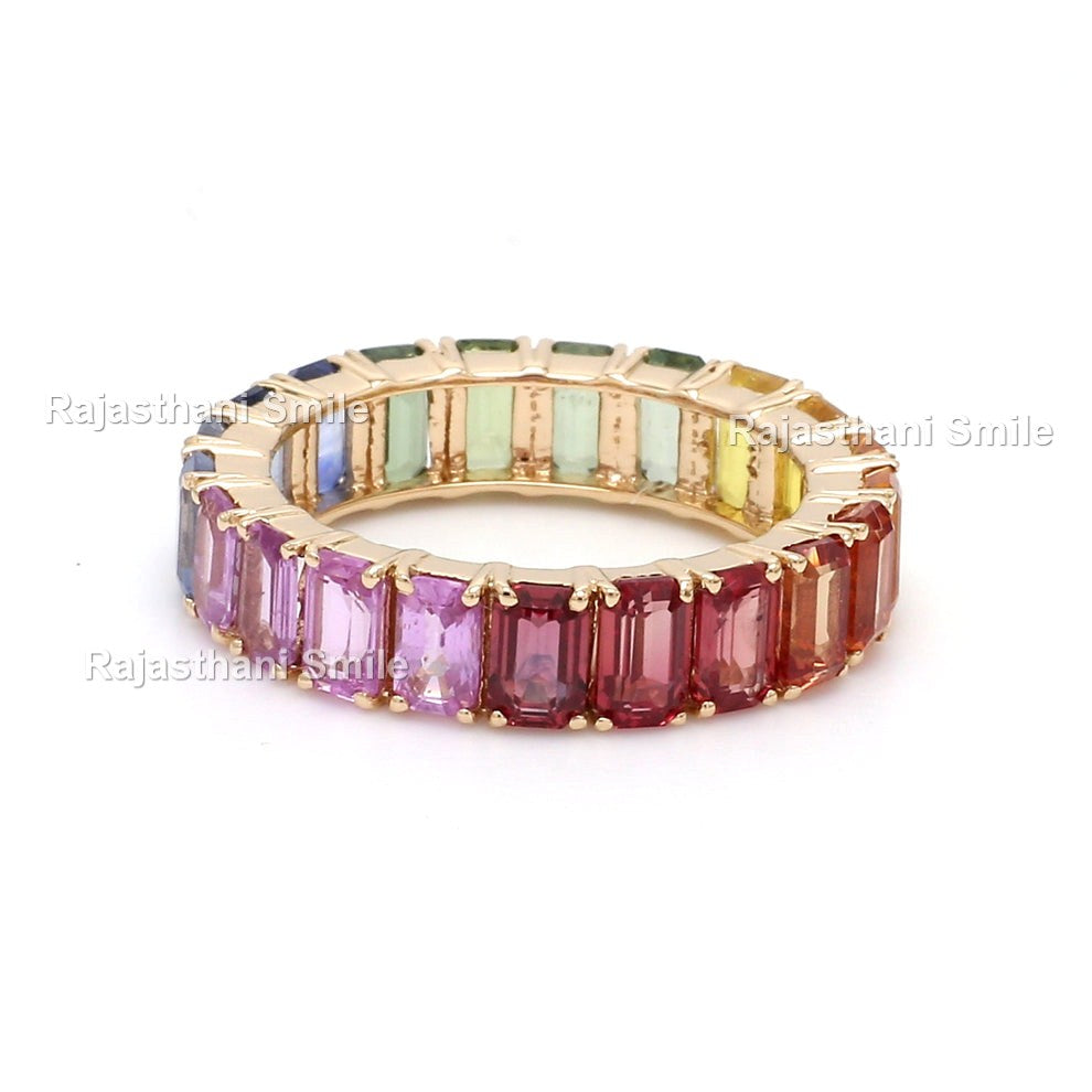 Natural Rainbow Sapphire 14K Solid Rose Gold Eternity Band Ring Emerald Cut Gemstones 5 x 3 MM