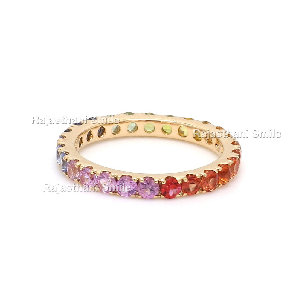 Natural Rainbow Sapphire 14K Solid Rose Gold Eternity Band Ring Round Cut Gemstones 2.5 MM