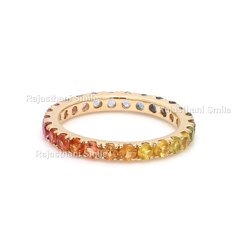 Natural Rainbow Sapphire 14K Solid Rose Gold Eternity Band Ring Round Cut Gemstones 2.5 MM