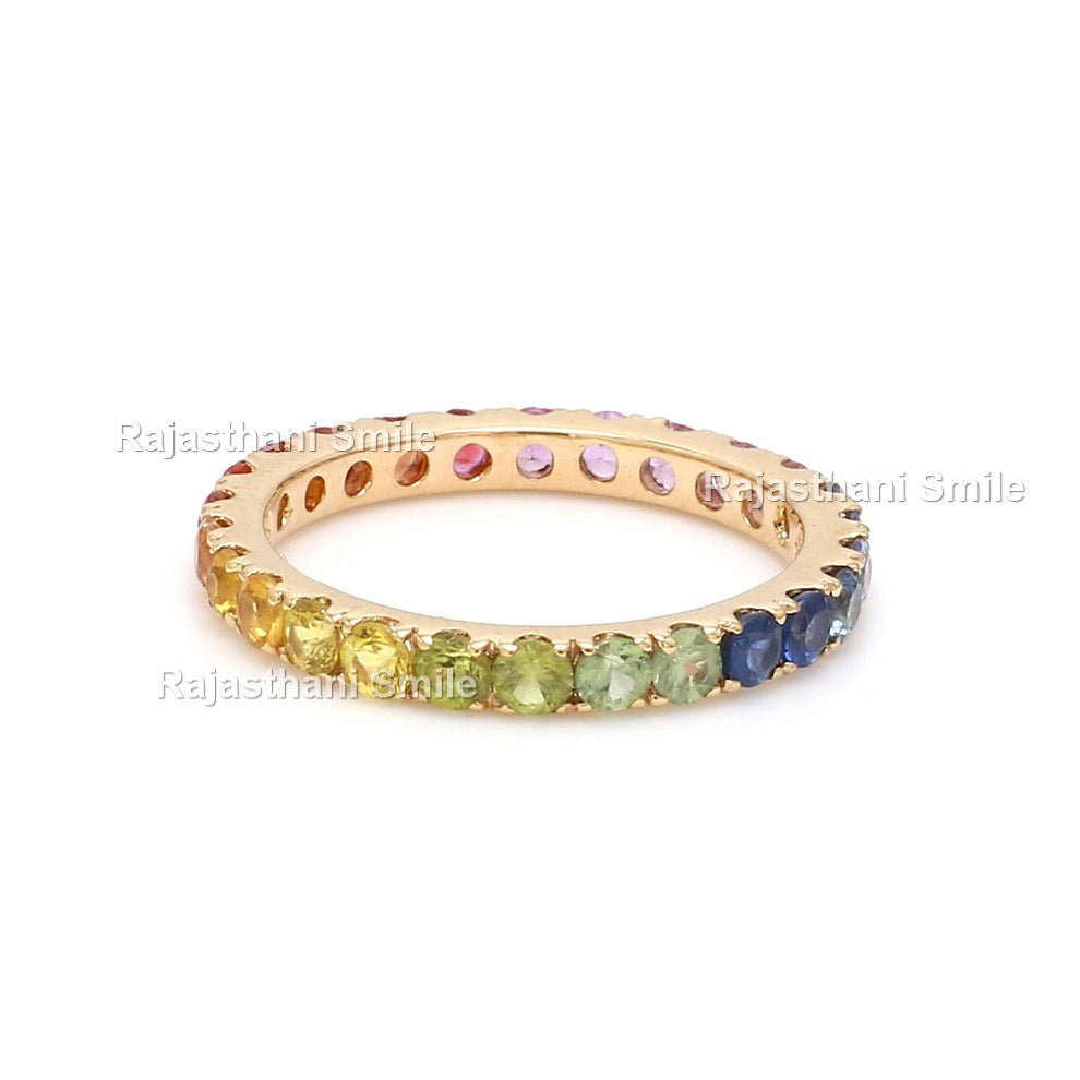 Natural Rainbow Sapphire 14K Solid Rose Gold Eternity Band Ring Round Cut Gemstones 2.5 MM