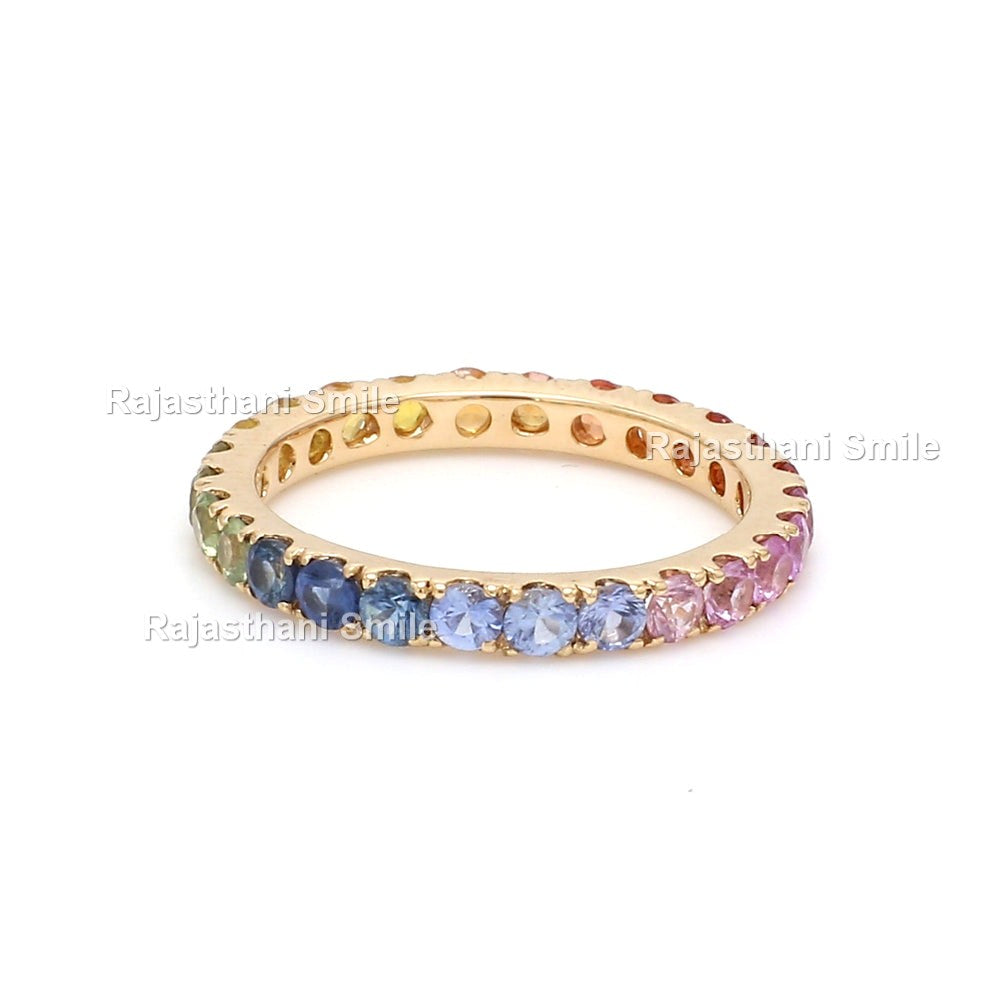 Natural Rainbow Sapphire 14K Solid Rose Gold Eternity Band Ring Round Cut Gemstones 2.5 MM