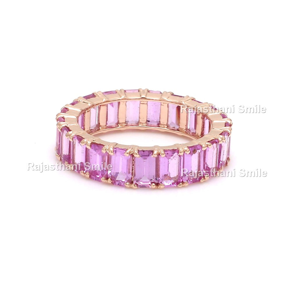 Natural Pink Sapphire 14K Solid Rose Gold Eternity Band Ring Emerald Cut Gemstones 5 x 3 MM