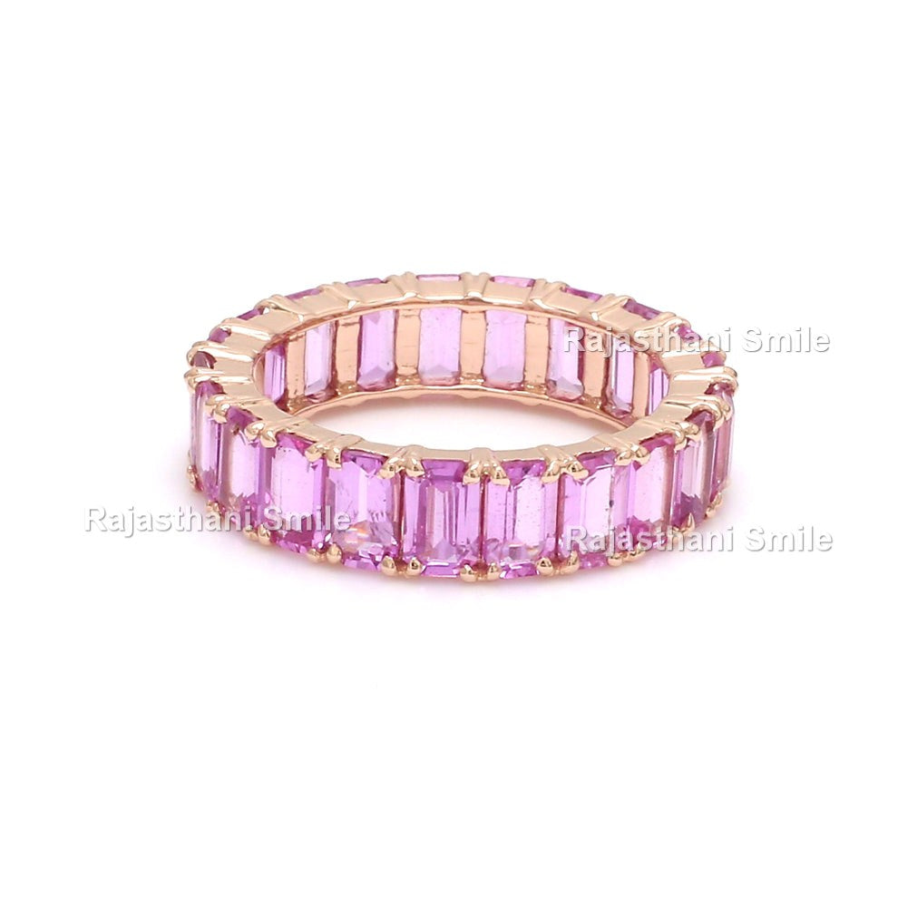Natural Pink Sapphire 14K Solid Rose Gold Eternity Band Ring Emerald Cut Gemstones 5 x 3 MM