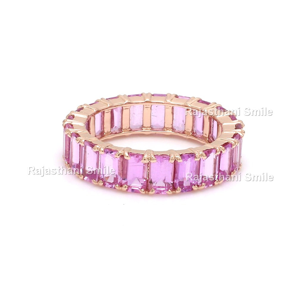 Natural Pink Sapphire 14K Solid Rose Gold Eternity Band Ring Emerald Cut Gemstones 5 x 3 MM
