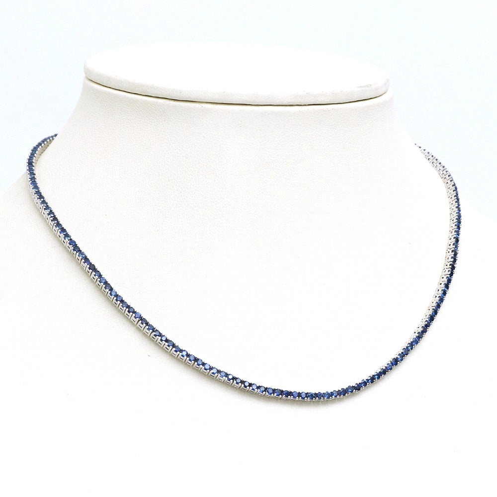 Natural Blue Sapphire 14K Solid White Gold Tennis Necklace