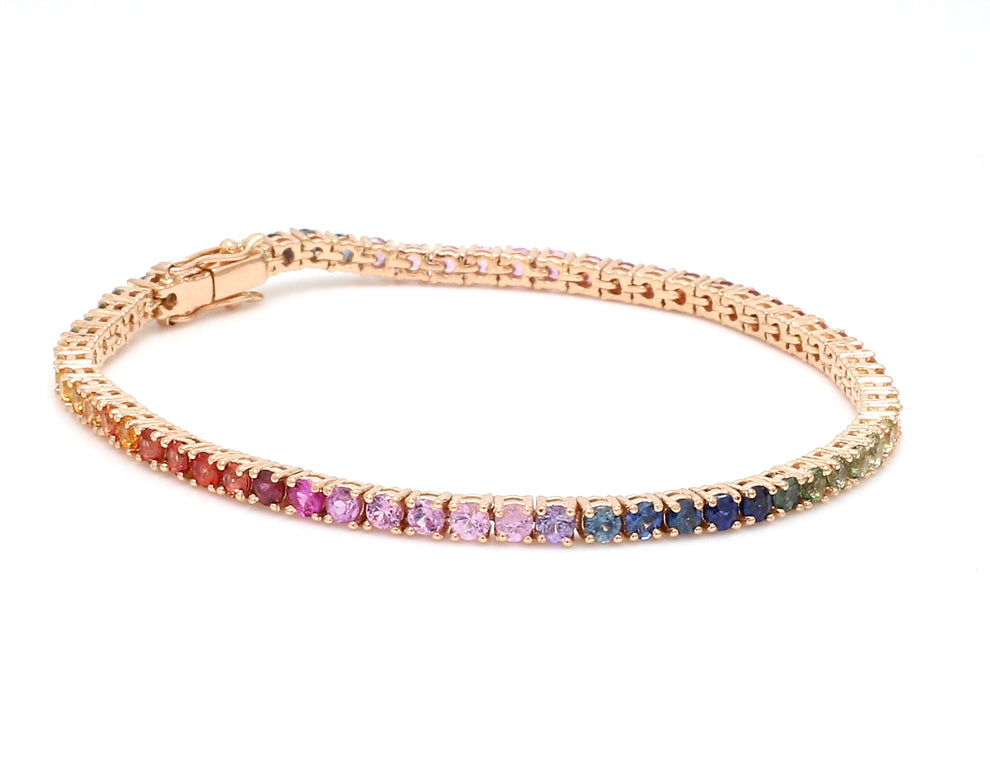 Natural Rainbow Sapphire 14K Solid Rose Gold Tennis Bracelet Round Cut Gemstones 2.5 MM Size