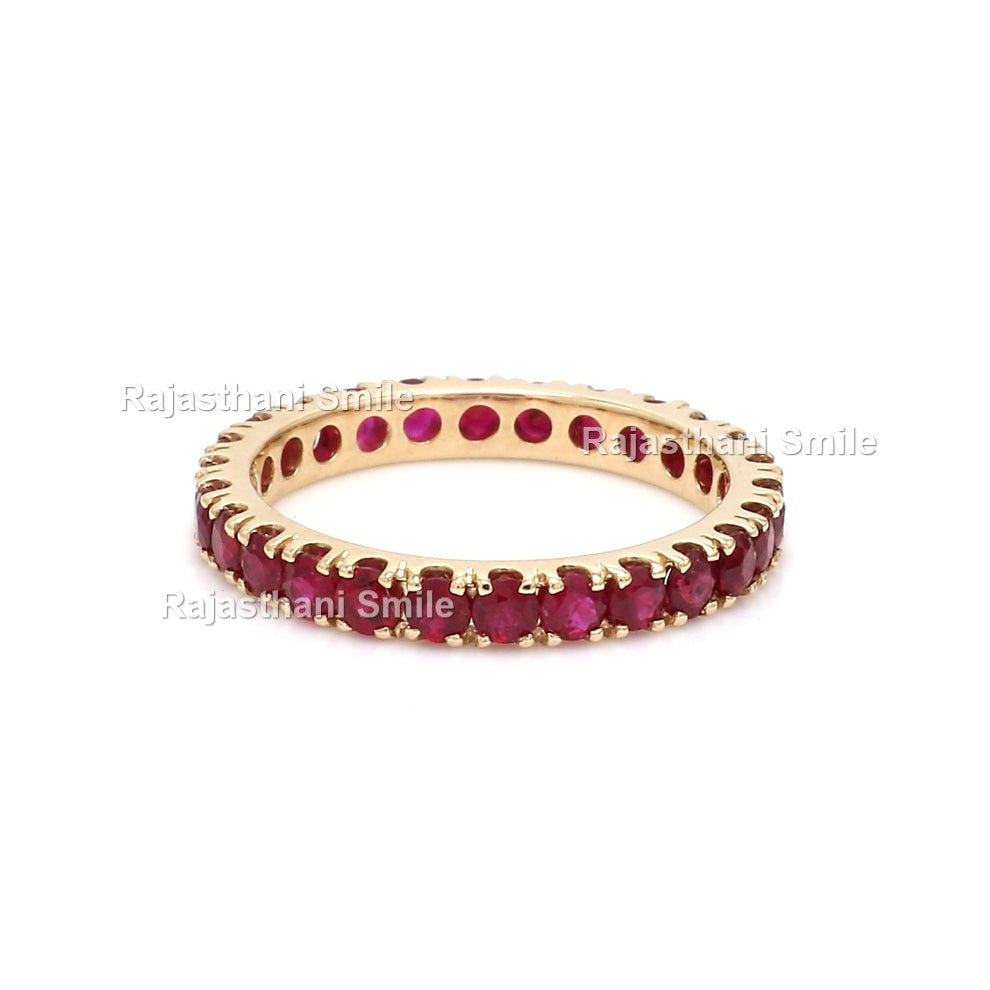 Natural Ruby 14K Solid Rose Gold Eternity Band Ring Round Cut Gemstones 2.5 MM Size
