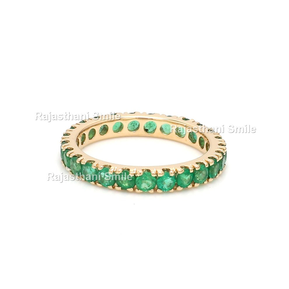 Natural Emerald 14K Solid Yellow Gold Eternity Band Ring Round Cut Gemstones 2.5 MM Size