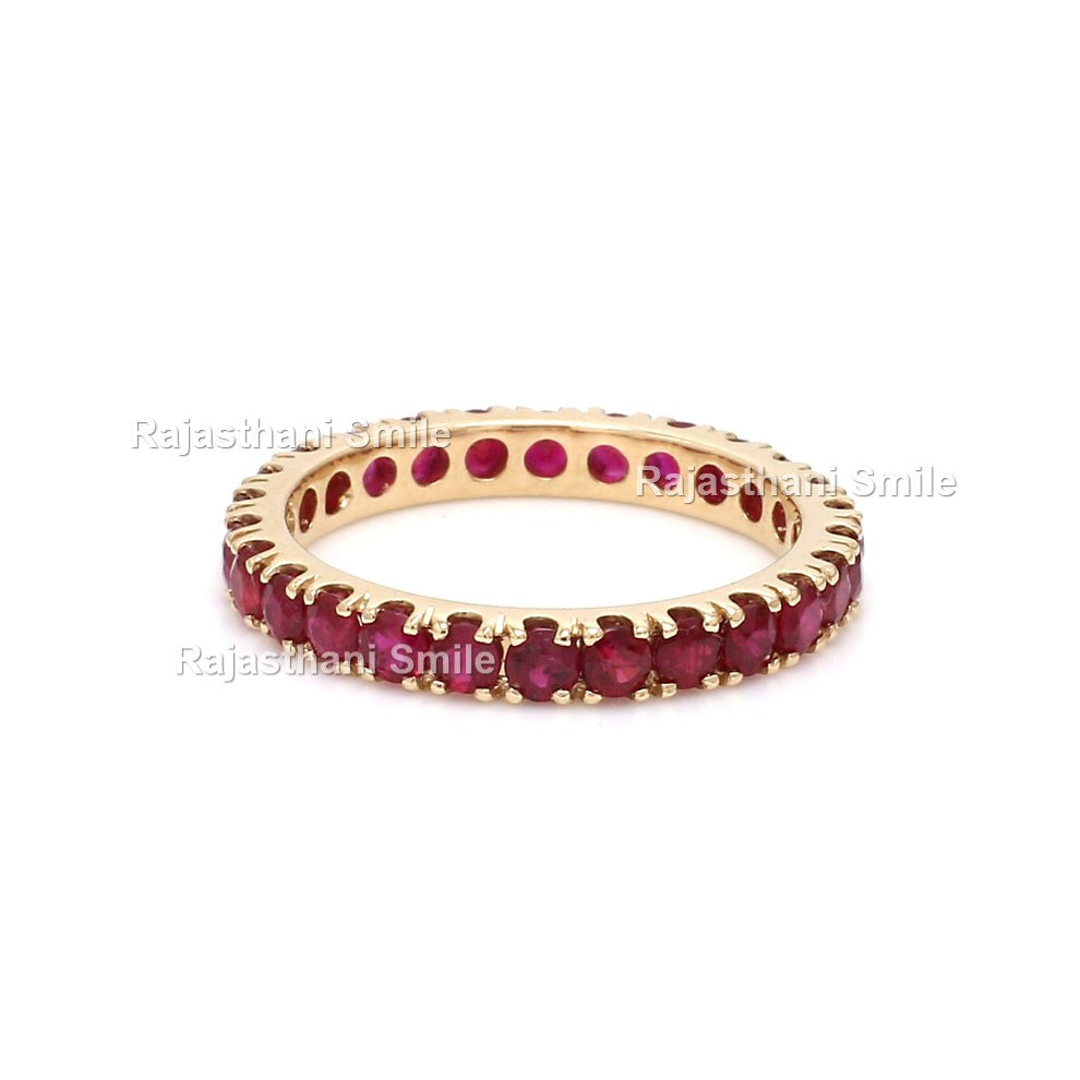 Natural Ruby 14K Solid Rose Gold Eternity Band Ring Round Cut Gemstones 2.5 MM Size