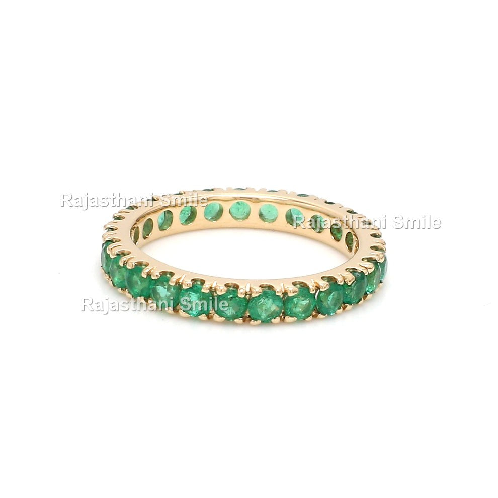 Natural Emerald 14K Solid Yellow Gold Eternity Band Ring Round Cut Gemstones 2.5 MM Size
