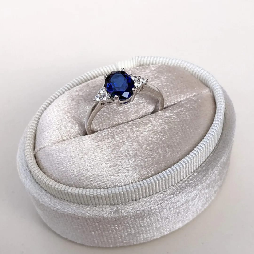 Natural Blue Sapphire & Diamonds 14K Solid White Gold Engagement Ring