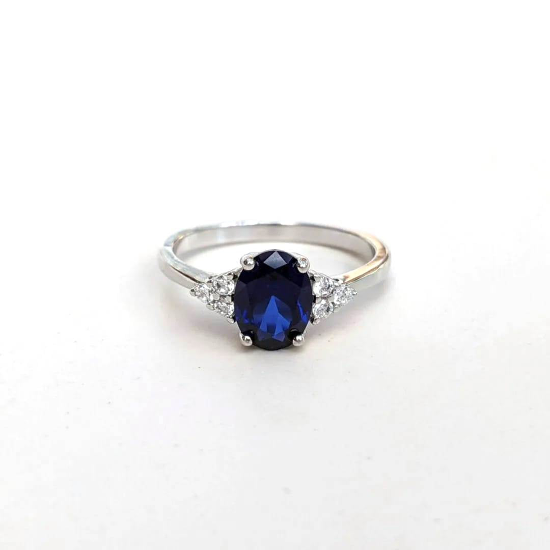 Natural Blue Sapphire & Diamonds 14K Solid White Gold Engagement Ring
