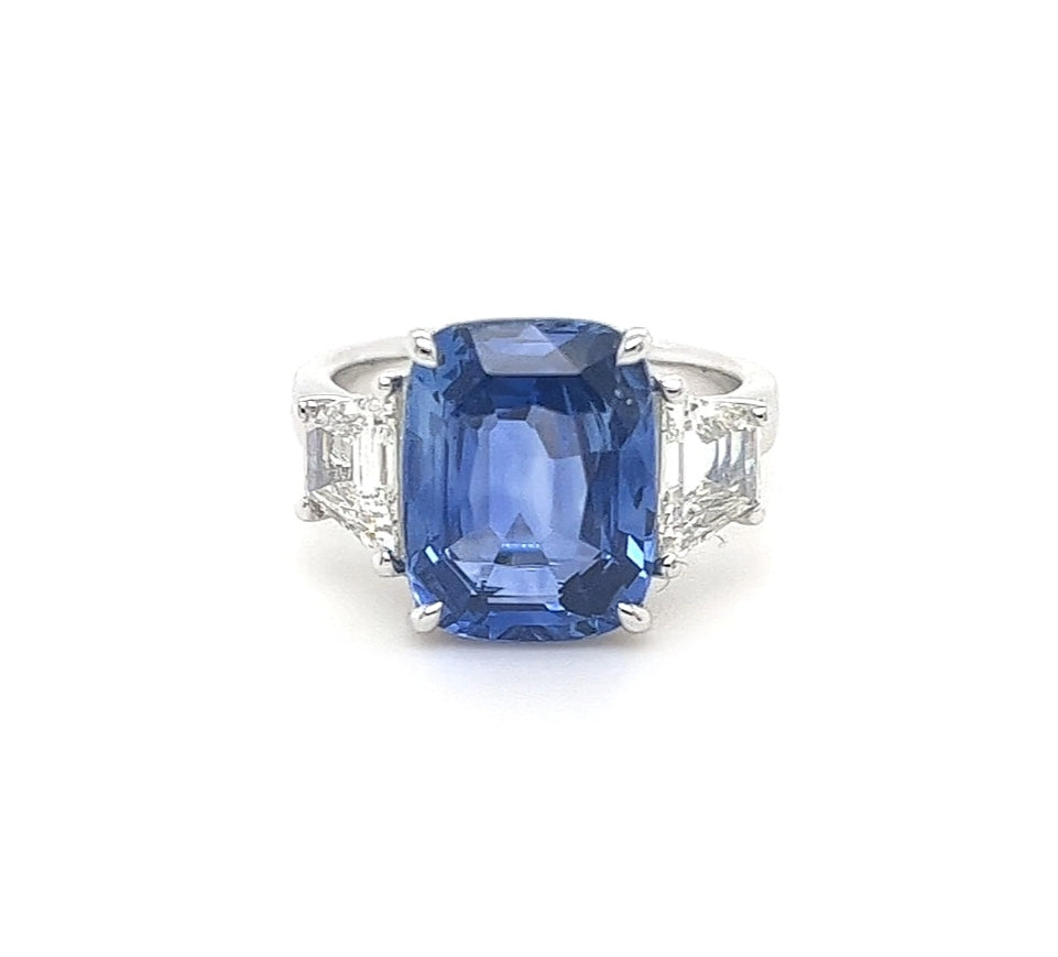 Natural Ceylon Blue Sapphire & Diamonds 14K Solid White Gold Three Stone Ring