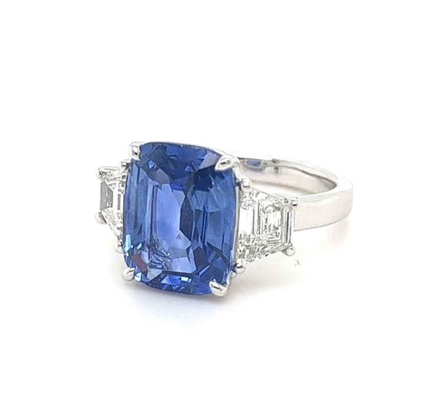 Natural Ceylon Blue Sapphire & Diamonds 14K Solid White Gold Three Stone Ring