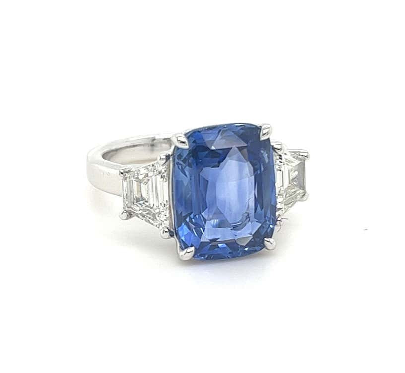 Natural Ceylon Blue Sapphire & Diamonds 14K Solid White Gold Three Stone Ring