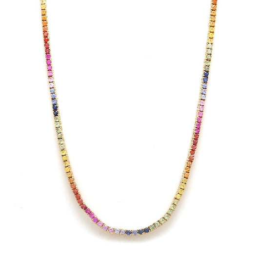 Natural Rainbow Sapphire 14K Solid Rose Gold Tennis Necklace Round Cut Gemstones 2.5 MM Size