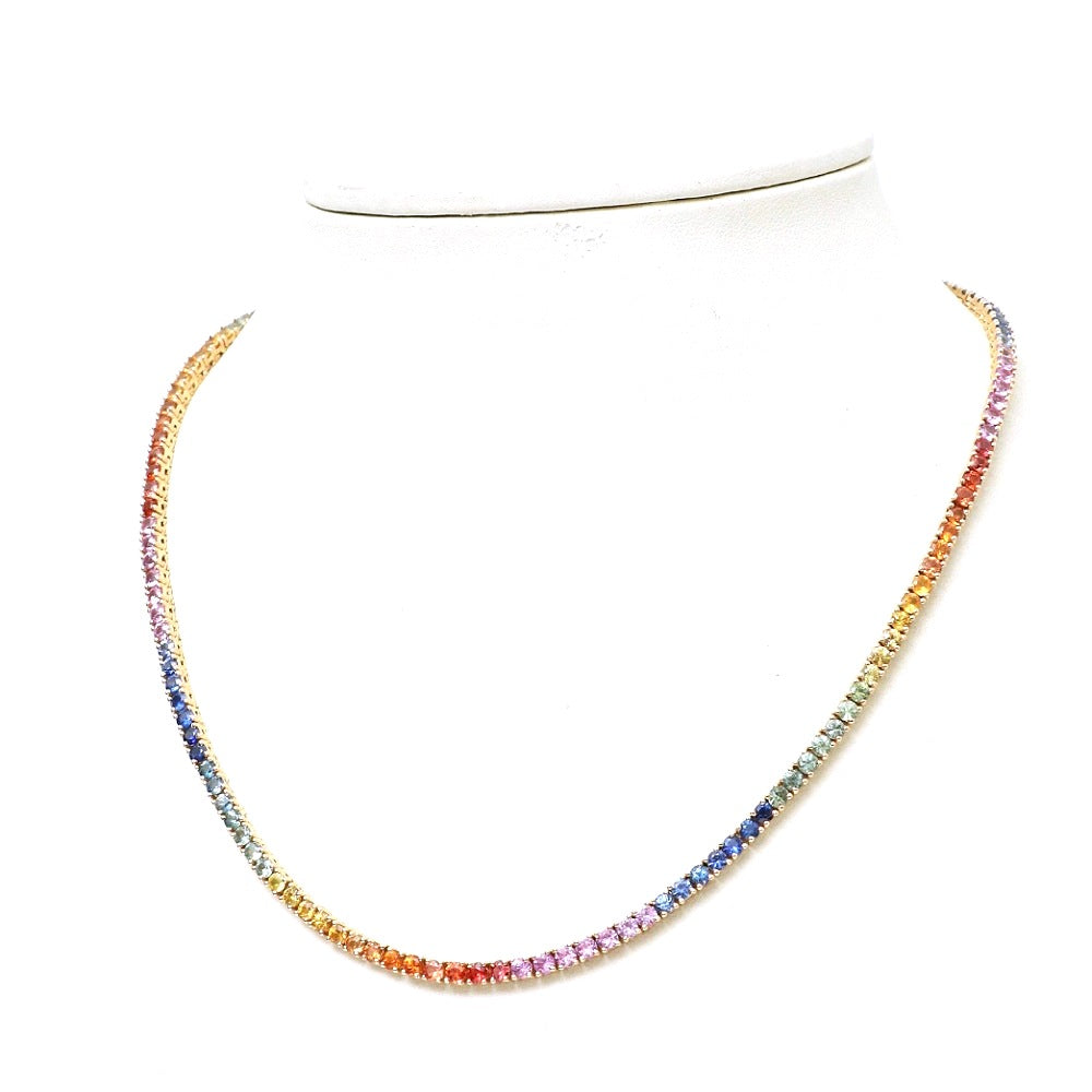 Natural Rainbow Sapphire 14K Solid Rose Gold Tennis Necklace Round Cut Gemstones 2.5 MM Size