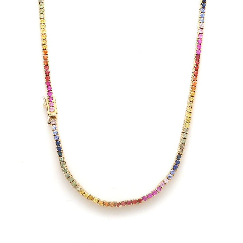 Natural Rainbow Sapphire 14K Solid Rose Gold Tennis Necklace Round Cut Gemstones 2.5 MM Size