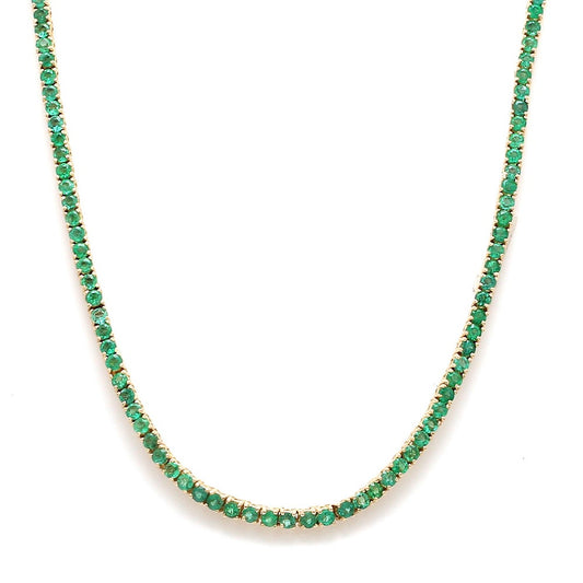 Natural Emerald 14K Solid Yellow Gold Tennis Necklace Round Cut Gemstones 2.5 MM Size