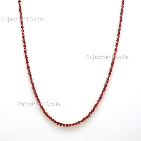 Natural Ruby 14K Solid Rose Gold Tennis Necklace Round Cut Gemstones 2.5 MM Size