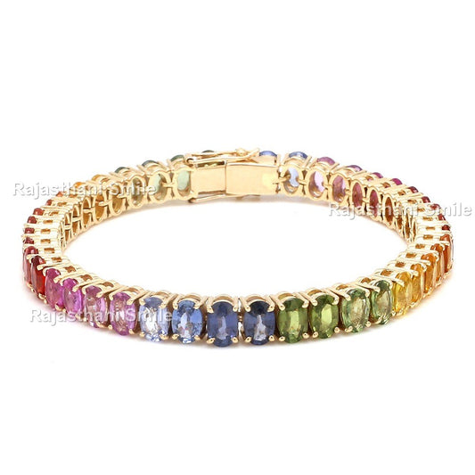 Natural Rainbow Sapphire 14K Solid Rose Gold Tennis Bracelet Oval Cut Gemstones 6 x 4 mm